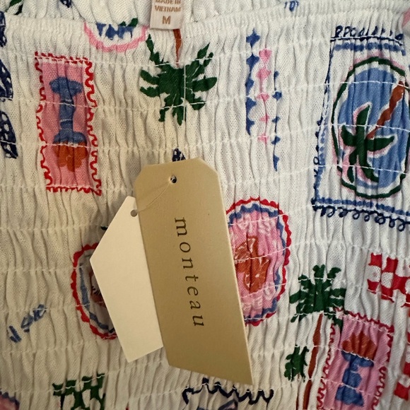 Monteau White CropTop Linen Blend Women’s Sz Medium Colorful print‎ NWT - Picture 4 of 8